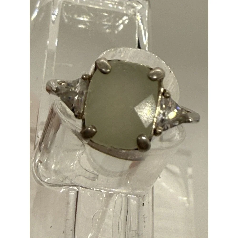 Sterling Jadite Vintage Ring Avon RJ Cushion Cut CZ Side Stones Nice Size 7.75 - Picture 2 of 16
